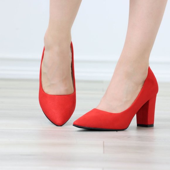 Classic Block High Heel Slip On Pointed Toe Pumps Red Suede - Picture 9 of 12